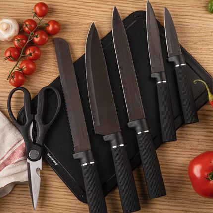 Klausberg KB-7977 8 Delig Keukenset - Messenset met Snijplank en Papierrolhouder - Zwart Roestvrij Staal - Messenblok - o.a. Koksmes, Broodmes, Snijplank, Keukenset