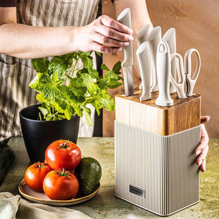 Klausberg KB-7984 8 Delig Messenset - Messenblok met Acacia Hout - Roestvrij Staal Inclusief Slijpstaaf - Broodmes - Koksmes - Vleesmes -