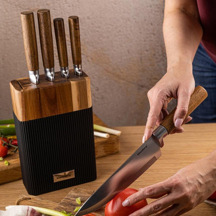 Klausberg KB-7981 6 Delig Messenset - 5 Messen met Acacia Houten Blok - Roestvrij Staal Zwart - Messenblok inclusief Messen - Natuurlijke Look - Koksmes - Broodmes -