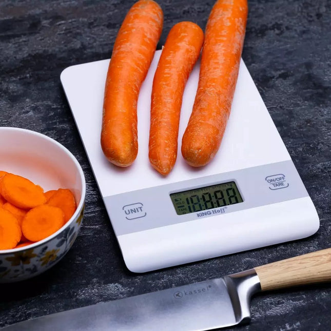Kinghoff Digitale Keukenweegschaal - Zilver, Weegbereik tot 5 kg, Meeteenheden g/kg/lb/oz/ml/fl.oz, Tare-functie, Nauwkeurigheid 1g, Handhaak, Auto/Handmatig Uitschakelen - Weegschaal Keuken - Precisieweegschaal - Digitaal - Food Kitchen Scale
