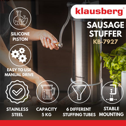 Klausberg KB-7927 Verticale Worstvuller | 5 kg Capaciteit | RVS | Professioneel | Met 6 Vullers | Vleesvuller