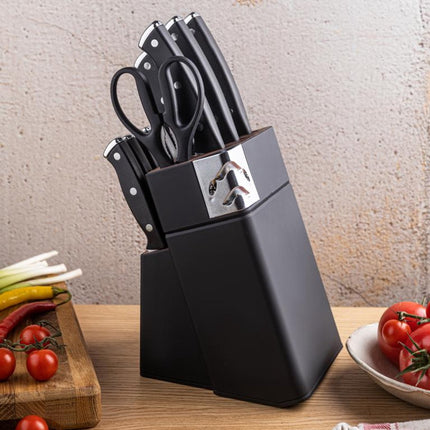 Klausberg KB-7985 13 Delig Messenset - Zwart Messenblok met Slijpstaaf - 6 Stekmessen Inclusief - Messenset met Blok - O.a. Broodmes, Koksmes, Vleesmessen en Schaar