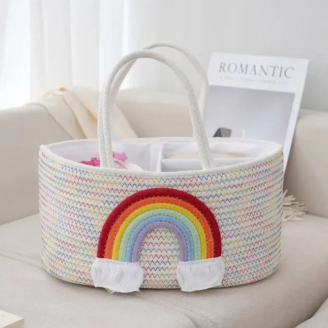 Baby Luiermand voor op de Commode – Opbergmand met 3 Vakken & Handgrepen – Regenboog Design – Organizer voor Luiers, Doekjes en Accessoires - Luiertas Commodemandje - Baby Organizer