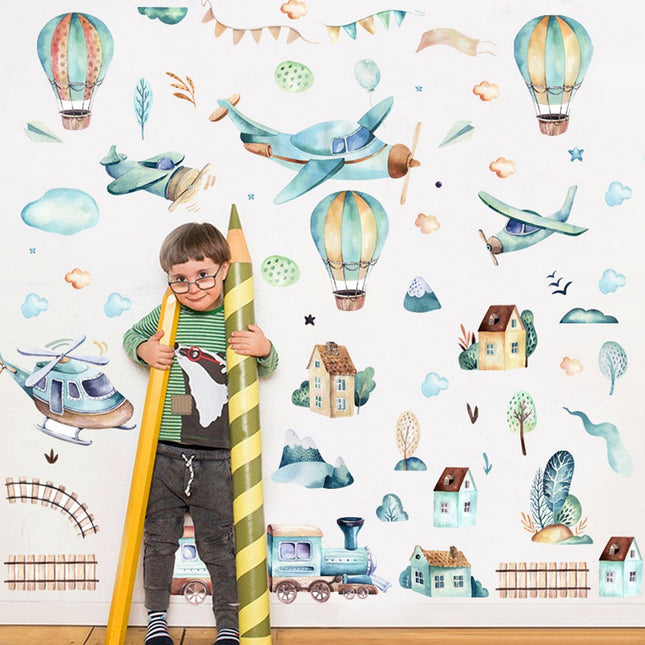 Wandsticker Vliegtuigen en Luchtballonnen - Zelfklevende Muurdecoratie voor Kinderkamer - 90x90 cm - Vliegtuig Wandsticker voor Jongenskamer en Kinderdagverblijf