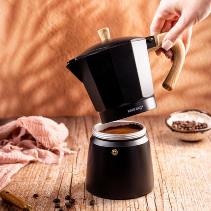 Kinghoff Aluminium Espressomaker KH-1887 – 9 Kopjes – Zwart Met Houten Handvat – Geschikt voor Inductie - 450ml - Percolator