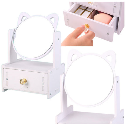 LUXE Opmaakspiegel met Lade - Wit Houten Dressingtafel Spiegel - 360° Draaibaar - Opbergsysteem voor Cosmetica en Sieraden - Make-Up Spiegel - Make-Up Organizer - Sieradenkist