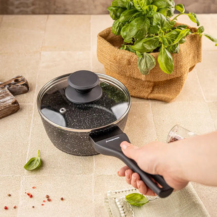 Klausberg KB-7986 Marmeren Steelpan 16 cm met Glazen Deksel – Anti-aanbak, Inductiegeschikt, 1.2 Liter