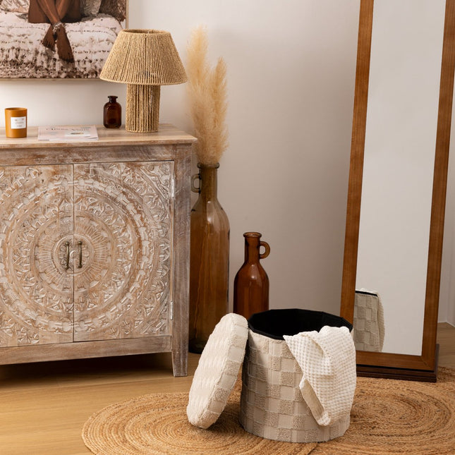Atmosphera Opvouwbare Poef Geruit - Ø38xH38cm - Beige