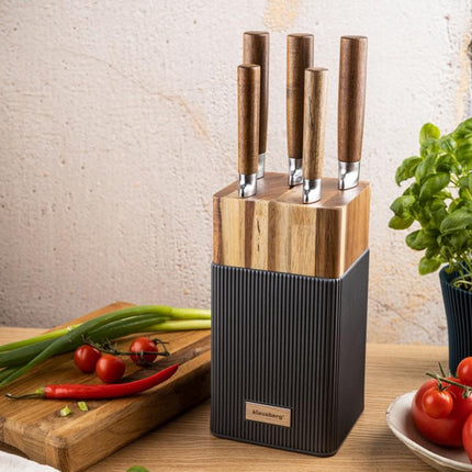 Klausberg KB-7983 6 Delig Messenset - 5 Messen met Acacia Houten Messenblok - Roestvrij Staal Keukenmessen Zwart - o.a. Broodmes , Vleesmes , Koksmes , Groentemes en Messenblok