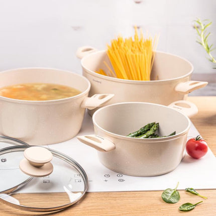 Klausberg KB-7961 Pannenset 6 Delig Beige | Marmer Anti-aanbaklaag | Geschikt voor Inductie | 3 Pannen met Deksels | Creme