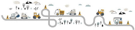 Wandsticker Tractors en Straat - Zelfklevende Muurdecoratie voor Kinderkamer - 32x144 cm - Trekker Wandsticker voor Jongenskamer en Kinderdagverblijf