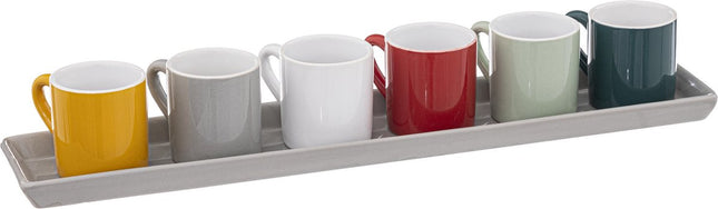 Espresso/koffie kopjes set - 6x - met dienblad - aardewerk kopjes - 90ml - diverse kleuren