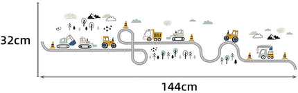 Wandsticker Tractors en Straat - Zelfklevende Muurdecoratie voor Kinderkamer - 32x144 cm - Trekker Wandsticker voor Jongenskamer en Kinderdagverblijf
