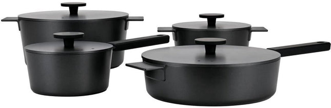 Moderne Pannenset – 4-delig + 3-delig kookpottenset Inductie | Pannenset Met Deksel | Robuust & Duurzaam Cast Aluminium Kookgerei - Zwart - Pannen Zonder PFOA