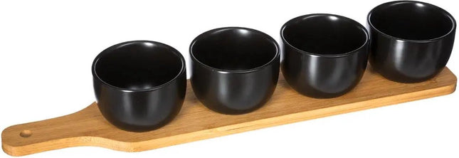 5Five Serveerplank/borrelplank hapjes/saus/tapas - aardewerk - zwart - incl. 4x schaaltjes