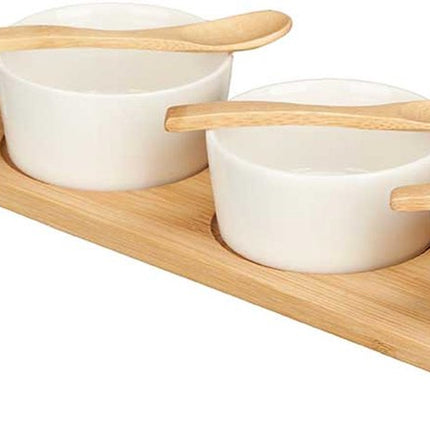 Kinvara Serveerplank set schaaltje/kommetje - 7 delig - porselein/bamboe - 3 lepeltjes - borrelen