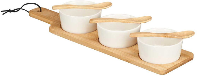 Kinvara Serveerplank set schaaltje/kommetje - 7 delig - porselein/bamboe - 3 lepeltjes - borrelen