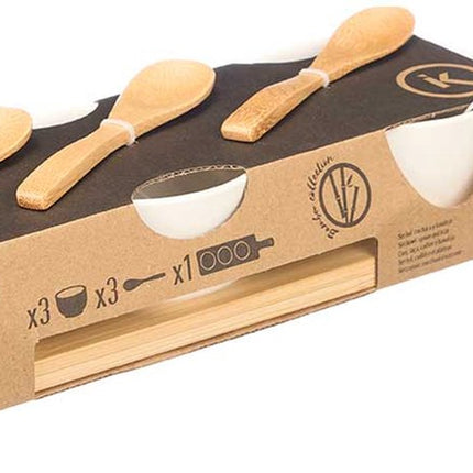 Kinvara Serveerplank set schaaltje/kommetje - 7 delig - porselein/bamboe - 3 lepeltjes - borrelen