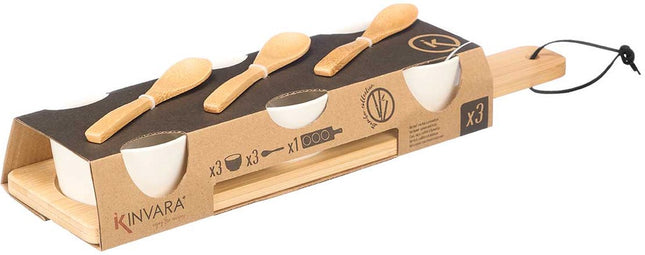Kinvara Serveerplank set schaaltje/kommetje - 7 delig - porselein/bamboe - 3 lepeltjes - borrelen