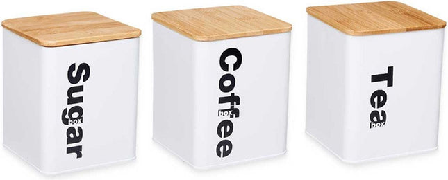 Kinvara Voorraadpotten set - 3x stuks - koffie/thee/suiker - wit - metaal/bamboe - 1.3L - voorraadpot