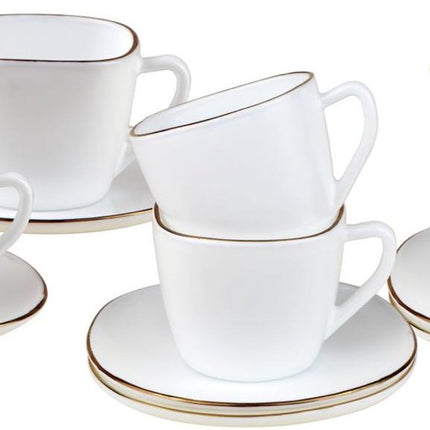 KingHoff Vierkante Kop en Schotel Set 12-delig - Wit Opaalglazen Koffiekopjes met Gouden Rand - 220 ml - Modern Design - Koffieset Schotelset
