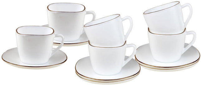 KingHoff Vierkante Kop en Schotel Set 12-delig - Wit Opaalglazen Koffiekopjes met Gouden Rand - 220 ml - Modern Design - Koffieset Schotelset