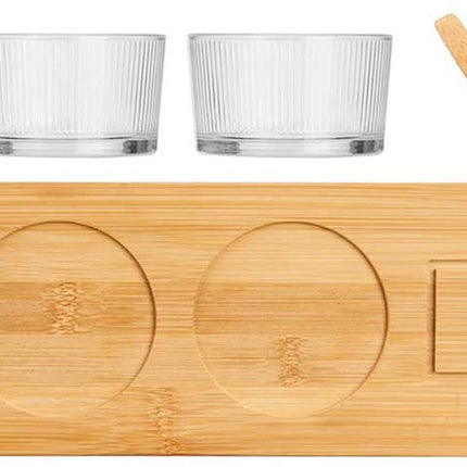 Kinvara Serveer/borrel plank set schaaltjes/kommetjes/lepeltjes - 7 delig - glas/bamboe - borrelen