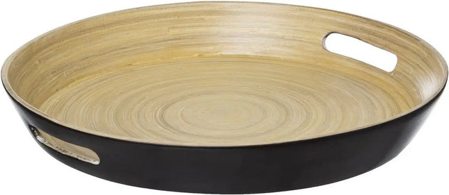5Five Dienblad/serveerblad rond - D42 cm - bamboe hout - zwart - met handvaten - Dienbladen