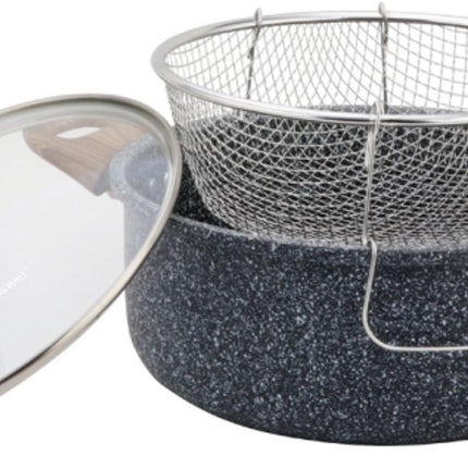 KingHoff KH-1985 4.0 Liter Frituur Pan met Mand - Marmer Non-Stick - Geschikt voor Alle Kookplaten Inclusief Inductie - 24 cm - Frituurpan met Korf - Friteuse