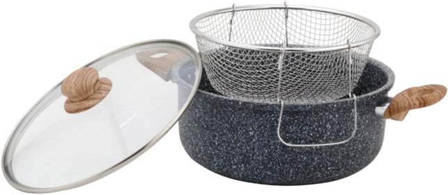 KingHoff KH-1985 4.0 Liter Frituur Pan met Mand - Marmer Non-Stick - Geschikt voor Alle Kookplaten Inclusief Inductie - 24 cm - Frituurpan met Korf - Friteuse