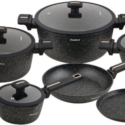 Klausberg Pannen Set 12 Delig - Zwarte Marmer Anti-Aanbaklaag - Geschikt voor Inductie - Inclusief Pannen en Deksels - KB-7966 - Pannenset - Kookset -