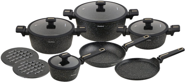 Klausberg Pannen Set 12 Delig - Zwarte Marmer Anti-Aanbaklaag - Geschikt voor Inductie - Inclusief Pannen en Deksels - KB-7966 - Pannenset - Kookset -