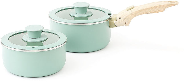 15-delige Pannenset – Zacht Lichtgroen – Ultra Non-stick – 2 Afneembare Houten Handgrepen – Geschikt voor Alle Warmtebronnen