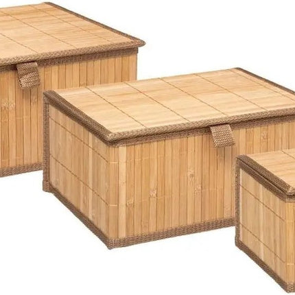 Set van 3x bamboe opbergdozen met deksel rechthoek bruin - Kast-/badkamer mandjes verschillende formaten