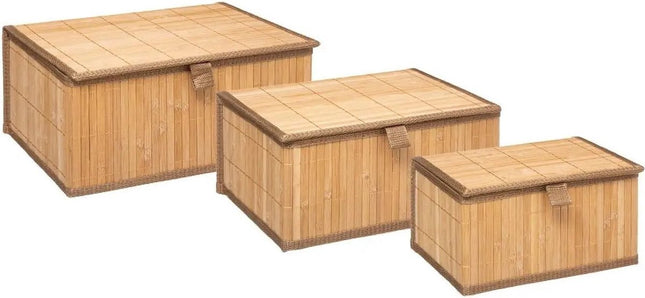 Set van 3x bamboe opbergdozen met deksel rechthoek bruin - Kast-/badkamer mandjes verschillende formaten