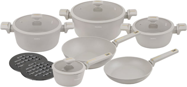 Klausberg KB-7969 Pannenset 12 Delig Beige | Inclusief Wok Pan | Anti-aanbaklaag | Geschikt voor Alle Kookzones Inclusief Inductie | Glazen Deksels | Set Pannen