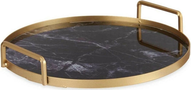 Dienblad Marmer met Handvatten | Goud | Metaal | Zwart | Glas | (30 x 4,5 x 30 CM) | Marmeren Dienblad | Bijzettafel