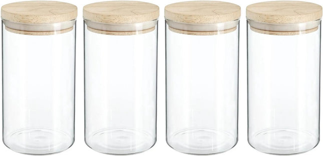 4x stuks voorraadbussen/voorraadpotten 1L glas met houten deksel - 1000 ml - Voorraadpotten met luchtdichte deksel