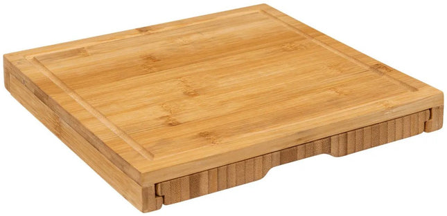 Secret de Gourmet kaasplankje cadeau set - inclusief 4x kaasmesjes - bamboe hout - 30 x 30 cm - serveerplank