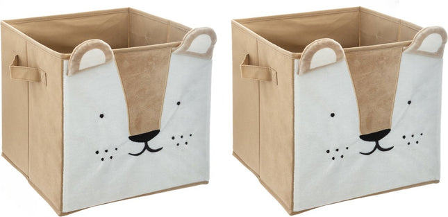 Atmosphera Opbergmand/kastmand leeuw - 2x - voor kinderen - karton/kunststof - bruin - 30 x 30 cm