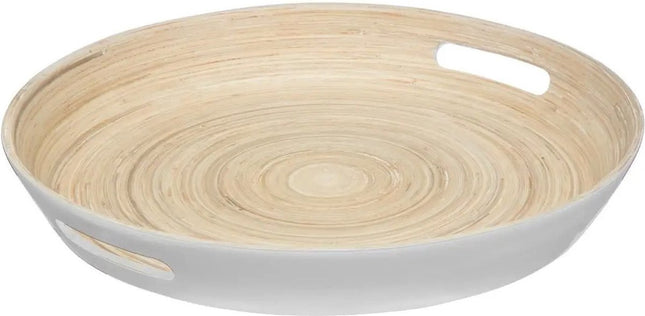 5Five Dienblad/serveerblad rond - D42 cm - bamboe hout - wit - met handvaten - Dienbladen