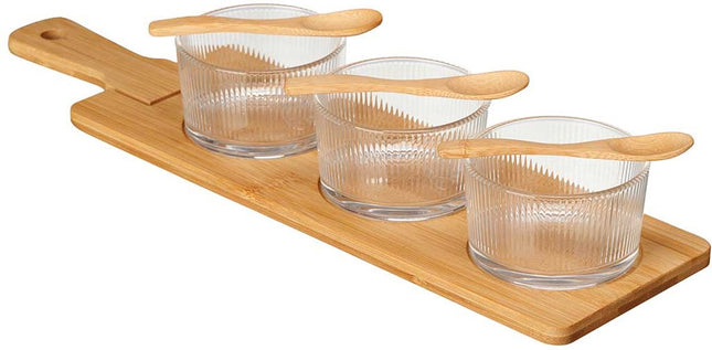 Kinvara Serveer/borrel plank set schaaltjes/kommetjes/lepeltjes - 7 delig - glas/bamboe - borrelen