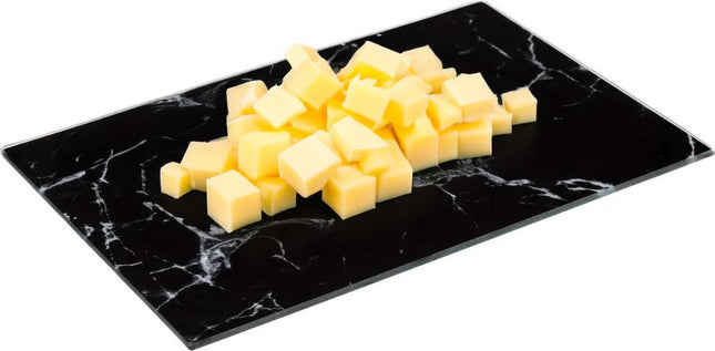 5Five snijplank/serveerplank van glas - rechthoek - zwart met marmer print - 30 x 20 cm