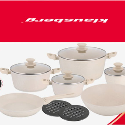 Klausberg KB-7959 Pannenset 12 Delig Beige | Marmer Anti-aanbaklaag | Inclusief Koekenpan en Wok | Geschikt voor Inductie | Cremewit