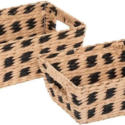Set van 3x gevlochten rieten opbergmanden rechthoek beige/zwart - Kast-/badkamer mandjes verschillende formaten