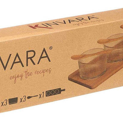 Kinvara Serveer/borrel plank set schaaltjes/kommetjes/lepeltjes - 7 delig - glas/bamboe - borrelen