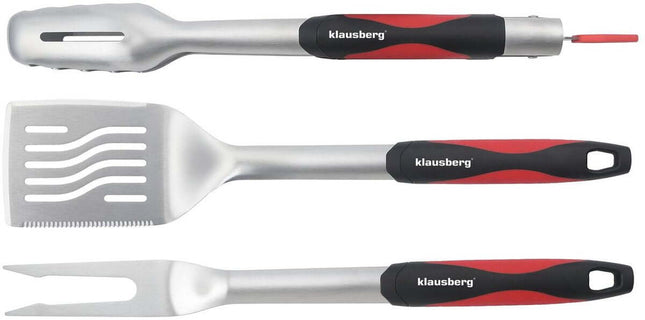 Klausberg KB-7899 Barbecue Set - 3-delige Grillset RVS met Plastic Handvatten (Spatel, Vork & Tang) - Leuke giftset voor de Kamado / Weber liefhebbers!