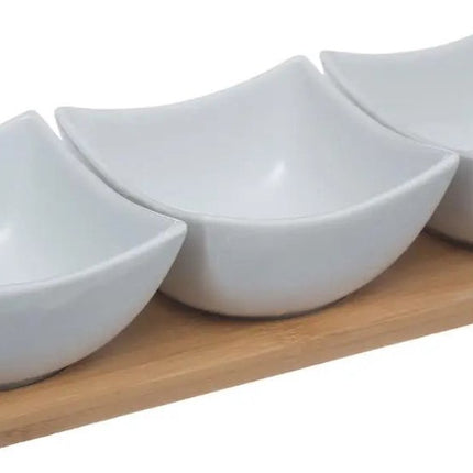 5Five Serveerplank/borrelplank hapjes/saus/tapas - porselein - wit - incl. 3x schaaltjes
