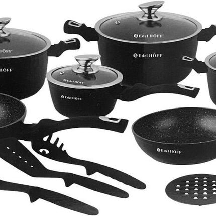 Pannenset - Kookpan - Inductie - 15 delig marmeren coating - Zwart