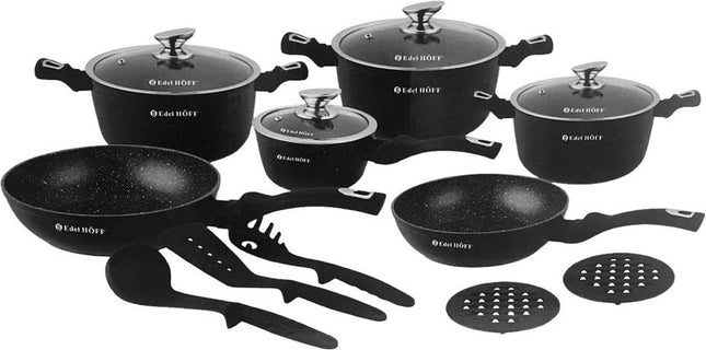Pannenset - Kookpan - Inductie - 15 delig marmeren coating - Zwart